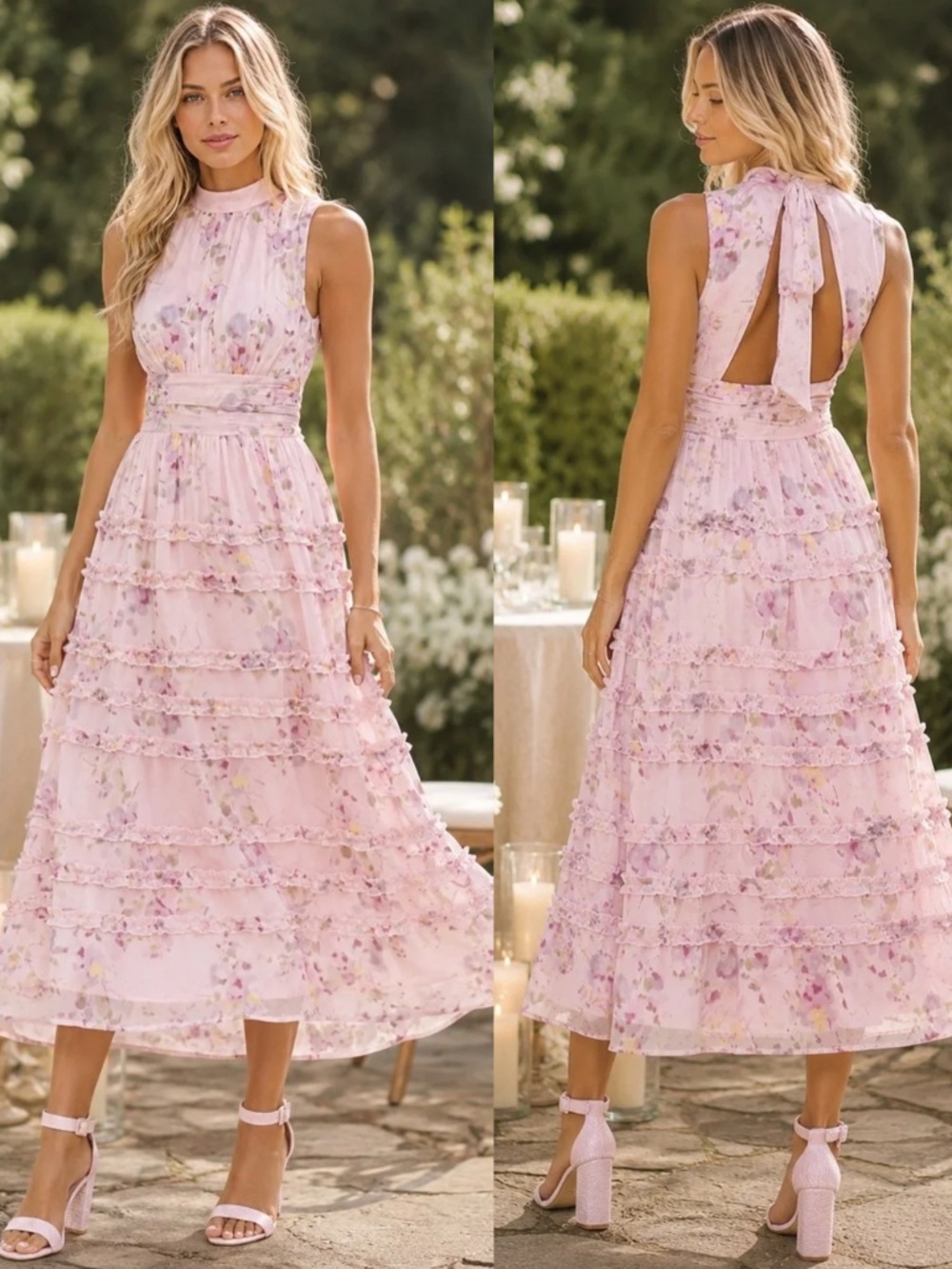 NEW LULUS Happily Sweet PINK Floral MOCK NECK Backless RUFFLE Midi DRESS XS